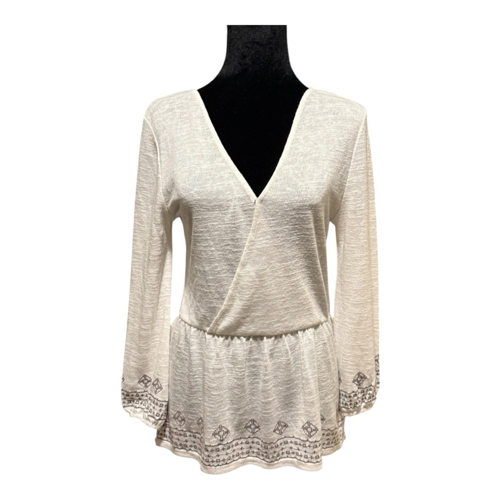 Sanctuary Blouse Sz M Cream Taupe Embroidery Wrap Peplum Long Sleeve Boho EUC